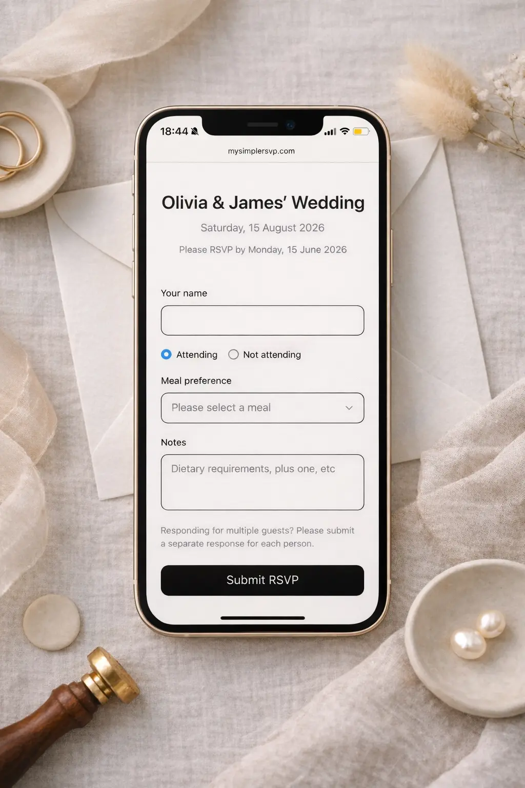 MySimpleGallery Wedding RSVP form displayed on iPhone mobile screen